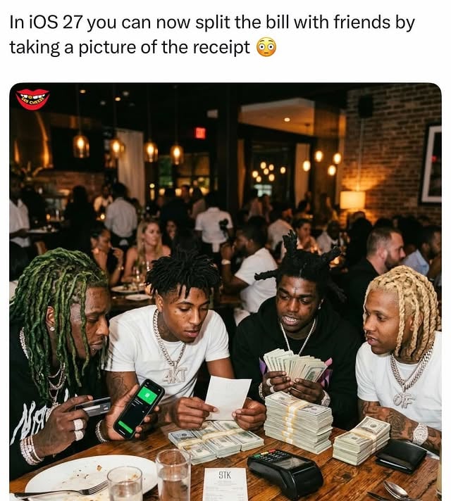 In iOS 27 you can point your iPhone at the bill, pick what you ordered, and Siri splits it with friends over Apple Cash.