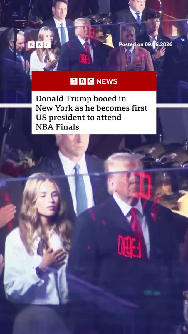 Donald Trump has been booed at a basketball match in New York as he became the first sitting US president to attend the NBA Finals.
 
Frustrated ticketholders waited for hours in lines due to the intense security restrictions that came with the president's appearance.
 
New York Mayor Zohran Mamdani and a parade of celebrities also attended the game.
 
Tap the link in @BBCNews’s bio to find out more about the game.
 
#NBA #NewYork #BBCNews