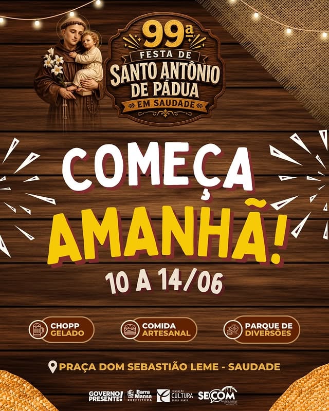 🎉🙏 Começa amanhã a programação da 99ª Festa de Santo Antônio de Pádua, no bairro Saudade! ♥️🎊A tradição, a fé e a cultura se encontram em mais uma edição de uma das festas mais aguardadas da cidade. Até o dia 14 de junho, a Praça Dom Sebastião Leme será palco de momentos especiais para toda a família, com atrações musicais, gastronomia artesanal, parque de diversões, chopp gelado e muito mais.🎶 A abertura acontece às 21h desta quarta-feira (10), com show da banda Figurótico, em um emocionante tributo ao cantor Tony Madeira.📅 Confira a programação musical:🎤 10/06 – Figurótico (Tributo a Tony Madeira)🎤 11/06 – Julinho Marassi & Gutemberg🎤 12/06 – Midnight Cowboys🎤 13/06 – Kris & Kaylane🎤 14/06 – Rodrigo Gavi & Fabi⛪ No dia do padroeiro, 13 de junho, a programação religiosa contará com procissão a partir das 17h. Às 19h, haverá telão com transmissão do jogo da Seleção Brasileira.🎁 No domingo (14), a partir das 14h, acontece o tradicional Show de Prêmios.📍 Praça Dom Sebastião Leme – Saudade🕘 Shows sempre às 21hVenha celebrar a fé, a cultura e a tradição em um ambiente preparado para receber toda a população. Esperamos por você! ✨#FestaDeSantoAntônio #Saudade #BarraMansa #Cultura #Tradição by @barramansarj
