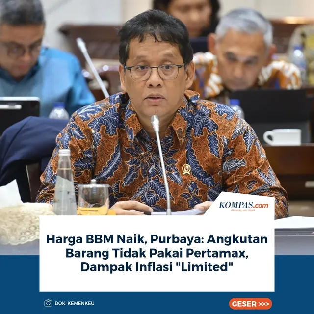 (Berita selengkapnya cek IG Stories @kompascom)

Menteri Keuangan (Menkeu) Purbaya Yudhi Sadewa mengatakan, harga BBM yang naik tidak akan berdampak banyak terhadap inflasi. 

Pasalnya, kata dia, angkutan barang tidak menggunakan BBM jenis Pertamax. 

"Harusnya relatif minim, karena kan Pertamax enggak dipakai buat angkutan barang," ujar Purbaya di Gedung DPR, Senayan, Jakarta, Rabu (10/6/2026). 

"Harusnya (dampak inflasi) limited, karena kan bukan buat angkutan umum kan, angkutan barang enggak pakai Pertamax," tegasnya.

Sementara itu, terkait bagaimana cara supaya kuota Pertalite tidak jebol imbas kenaikan harga Pertamax, Purbaya mempersilakan awak media bertanya kepada Menteri ESDM Bahlil Lahadalia.

Penulis: Adhyasta Dirgantara, Bilal Ramadhan
Kreatif: Safira Nurulita
Produser: Elizabeth Ayudya Ratna Rininta

` #Pertamax #Kebijakan #Texvid